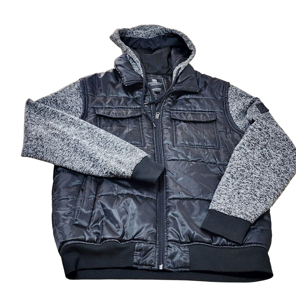 Southpole Hybrid Puffer Jacket Mens Medium Black Gray Hooded Y2K Streetwear